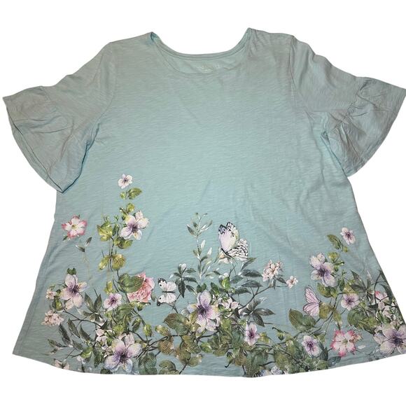 Lane Bryant Plus Cotton Flowers Butterflies Crew Neck Tunic Top Blouse 26/28 - Picture 1 of 5